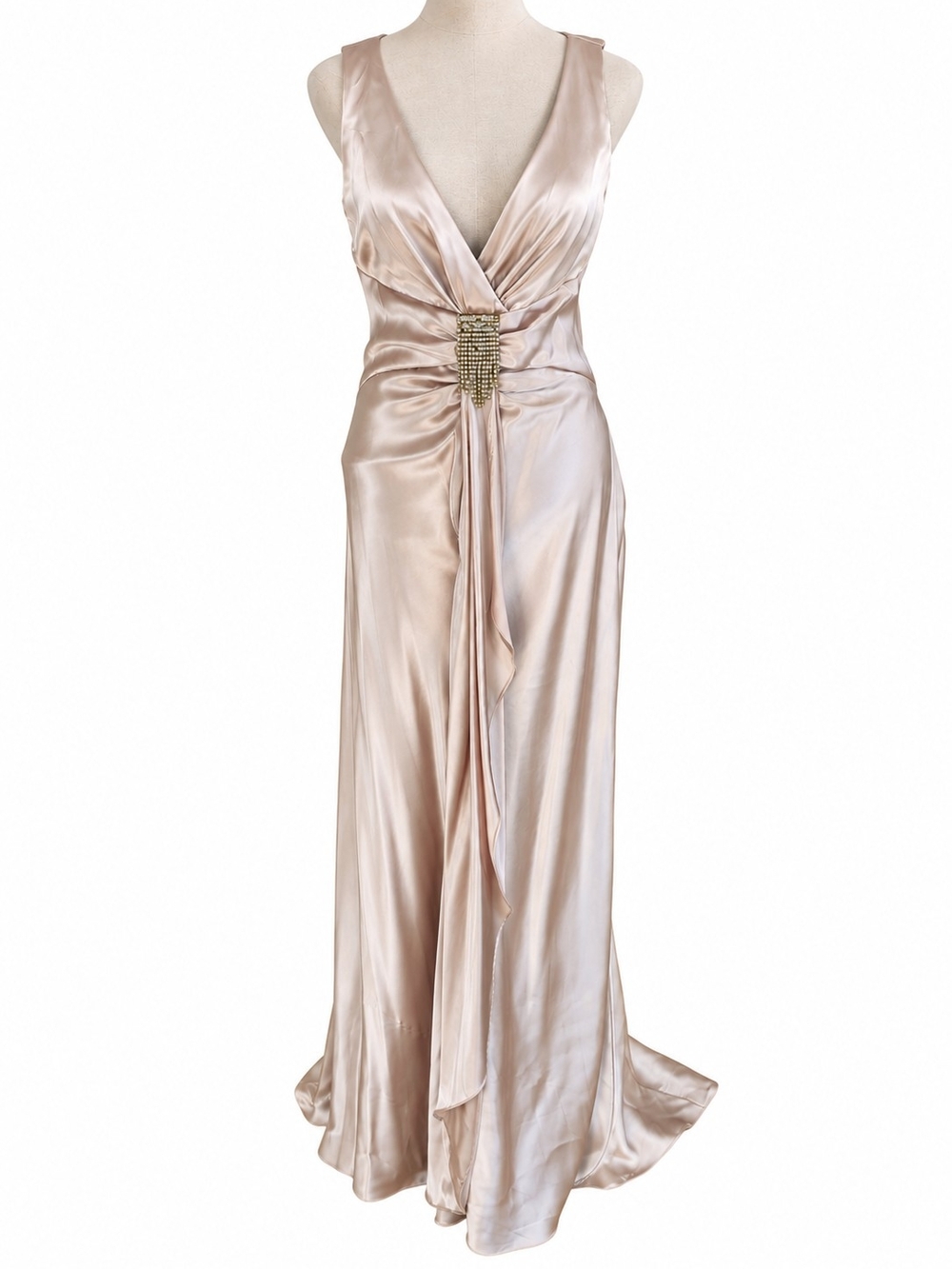 Niki Livas Size 6 Champagne Satin Rhinestone Y2K Formal Evening Gown